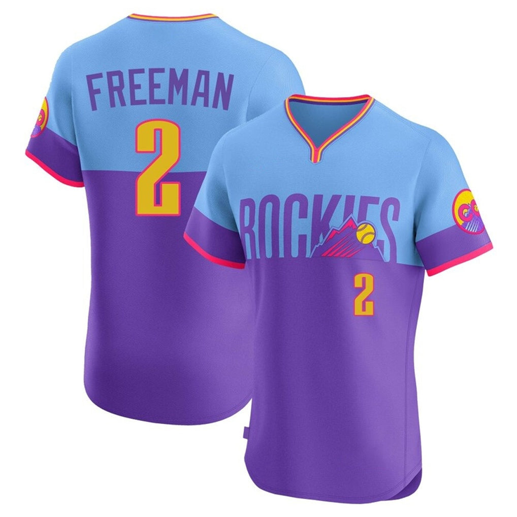 Colorado Rockies #2 Tyler Freeman Player Purple-Light Blue HeidiMiller City Connect Limited Elite Home T-shirt Stitched Jerseys