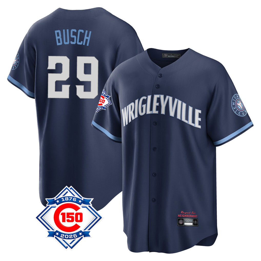 Chicago Cubs #29 Michael Busch Player Navy HeidiMiller 150th Anniversary City Connect Home Game Stitched Jerseys
