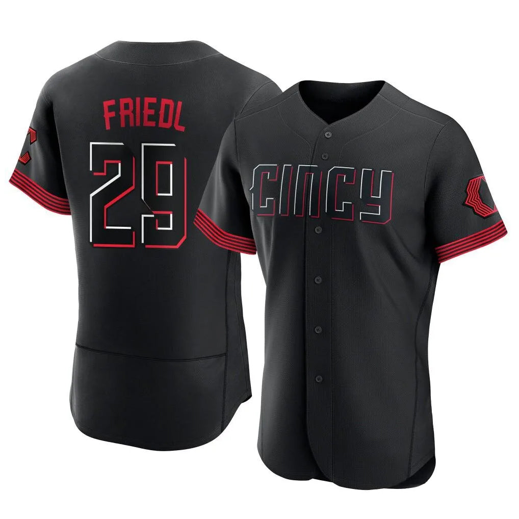 Cincinnati Reds #29 TJ Friedl Player Black HeidiMiller City Connect Limited Elite Home Stitched Jerseys