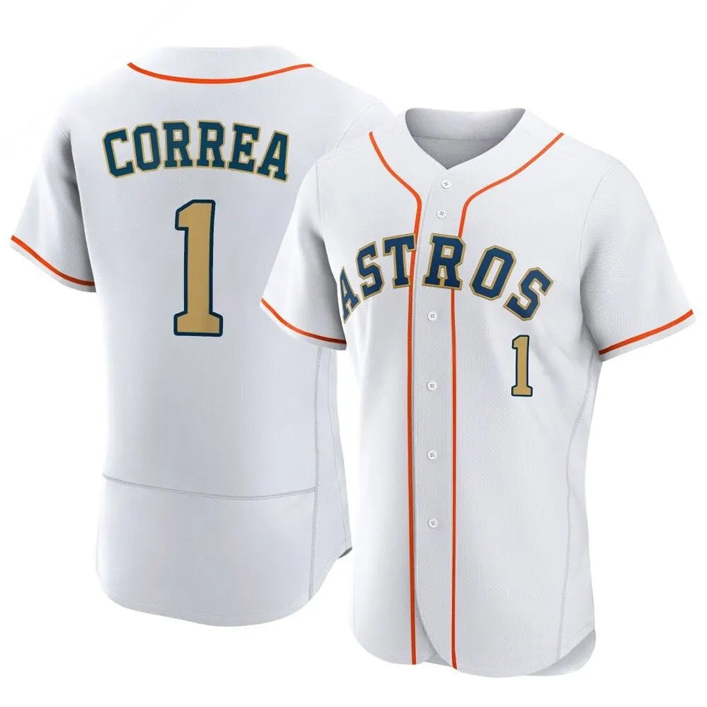 Houston Astros #1 Carlos Correa Player Gold HeidiMiller Collection Limited Elite Home Stitched Jerseys
