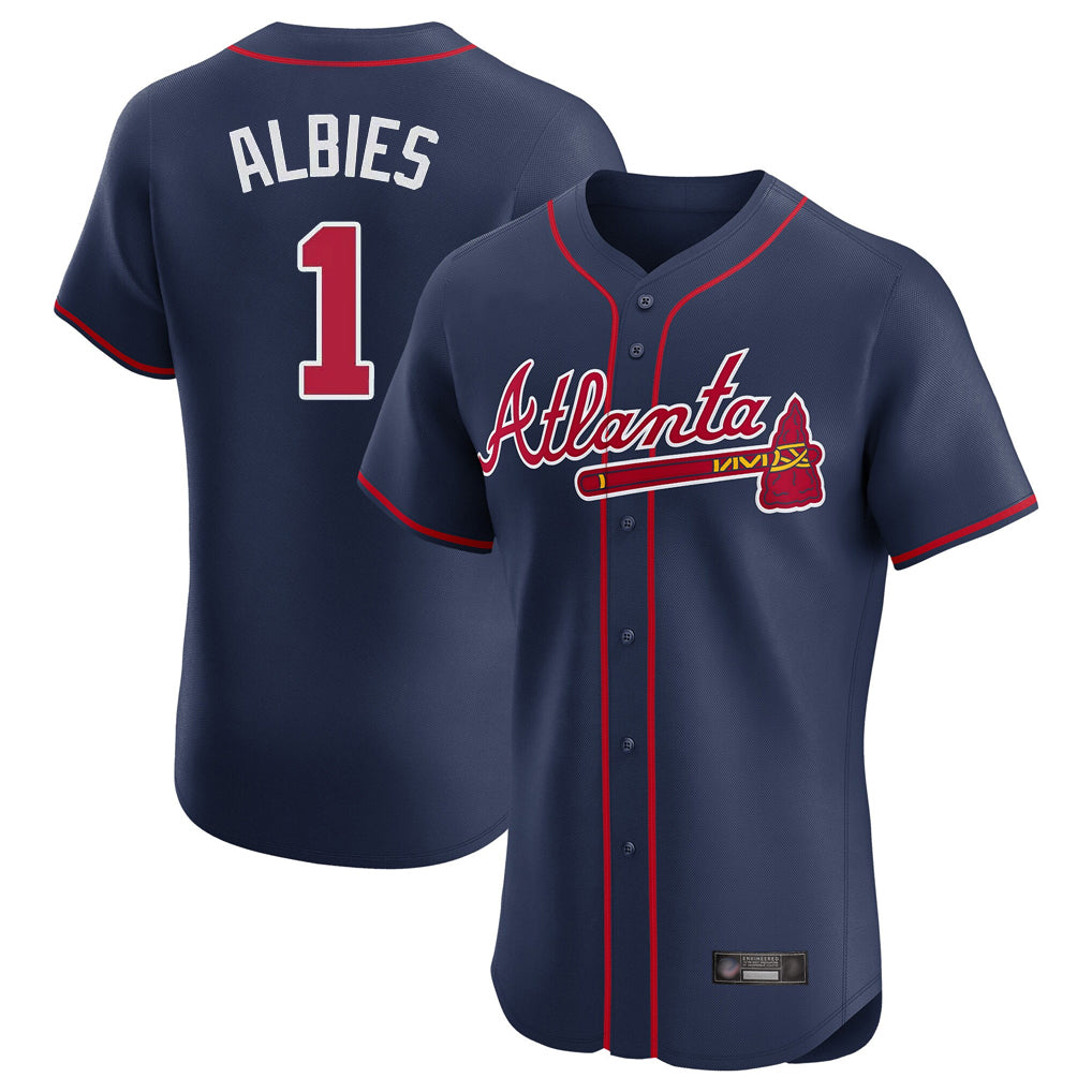 Atlanta Braves #1 Ozzie Albies Player Navy HeidiMiller Limited Elite Home Game Stitched Jerseys