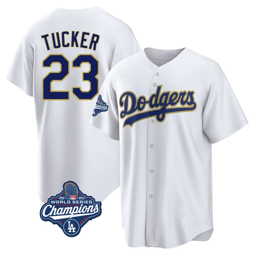 Los Angeles Dodgers #23 Kyle Tucker Player Gold White HeidiMiller World Series Meet 2026 Collection Stadium Game Stitched Jerseys