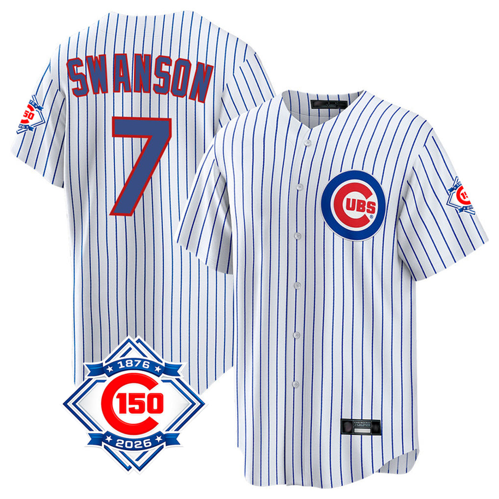 Chicago Cubs #7 Dansby Swanson Player White HeidiMiller 150th Anniversary Home Game Stitched Jerseys