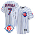 Chicago Cubs #7 Dansby Swanson Player White HeidiMiller 150th Anniversary Home Game Stitched Jerseys