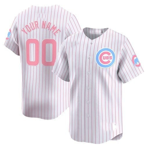 Custom Chicago Cubs Bubblegum Pink Vapor Premier Limited Jersey ¨C White Pinstripe HeidiMiller