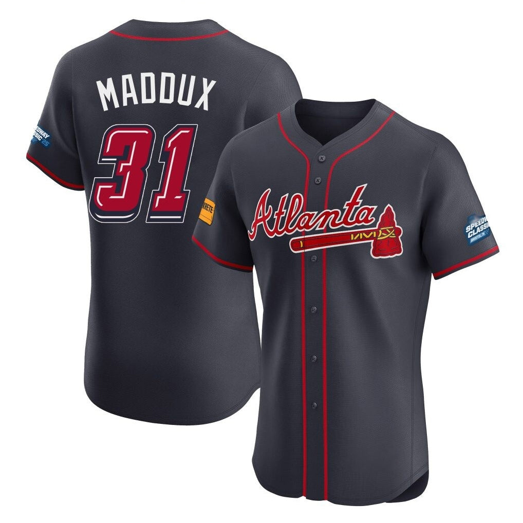 Atlanta Braves #31 Greg Maddux Player Navy HeidiMiller 2025 Speedway Classic Limited Elite Home Game Stitched Jerseys