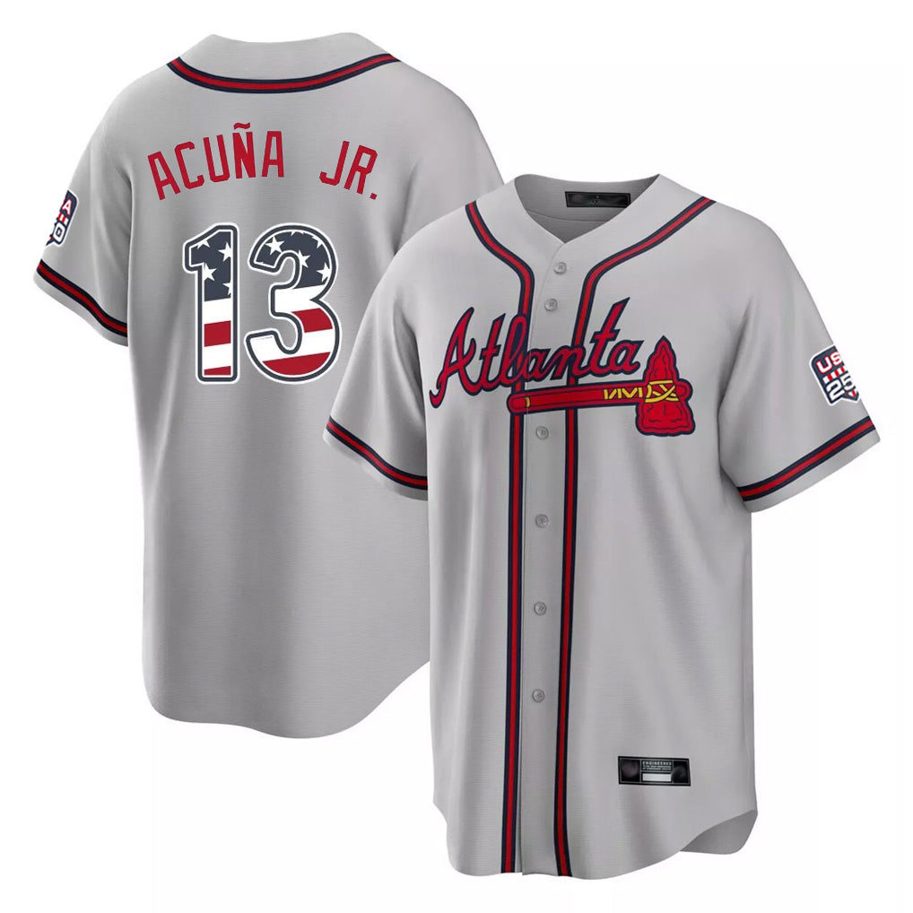 Atlanta Braves #13 Ronald Acuna Jr Player Gray HeidiMiller USA 250 Fourth Of July Limited Home Game Stitched Jerseys
