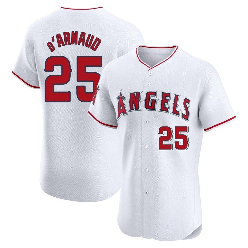Los Angeles Angels #25 Travis d'Arnaud Player White HeidiMiller Limited Elite Stitched Home Jerseys