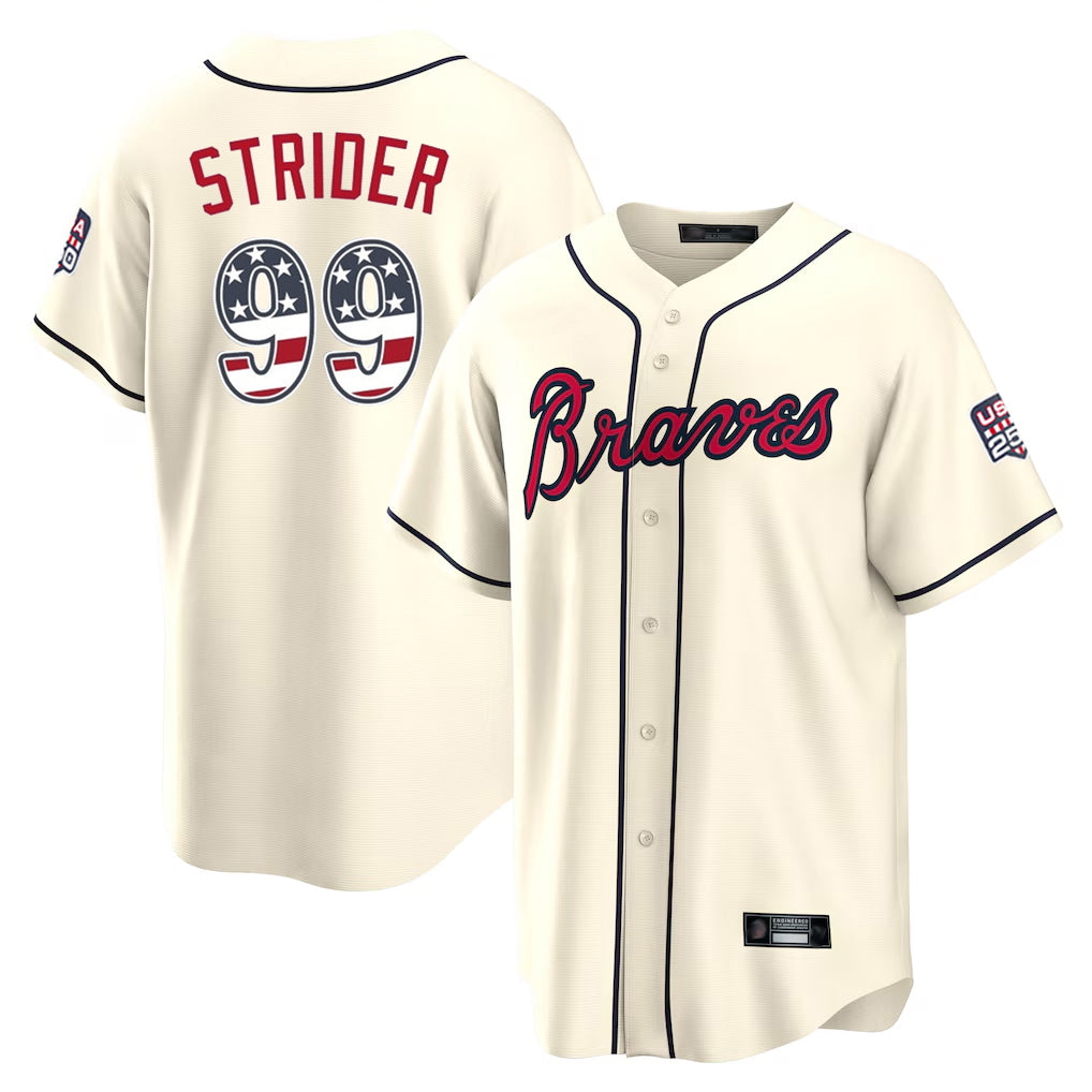 Atlanta Braves #99 Spencer Strider Player Cream HeidiMiller USA 250 Fourth Of July Limited Home Game Stitched Jerseys
