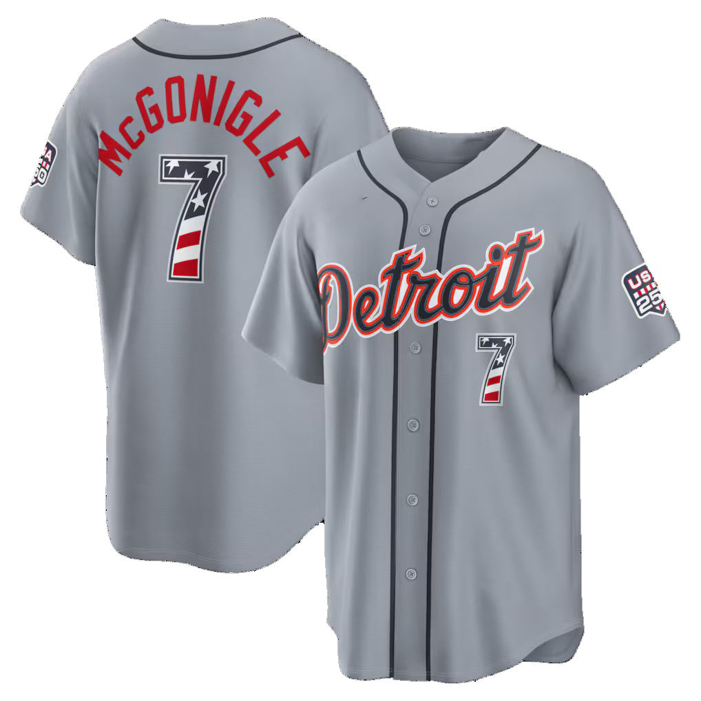 Detroit Tigers #7 Kevin McGonigle Gray HeidiMiller USA 250 Fourth of July Road Stadium Jersey