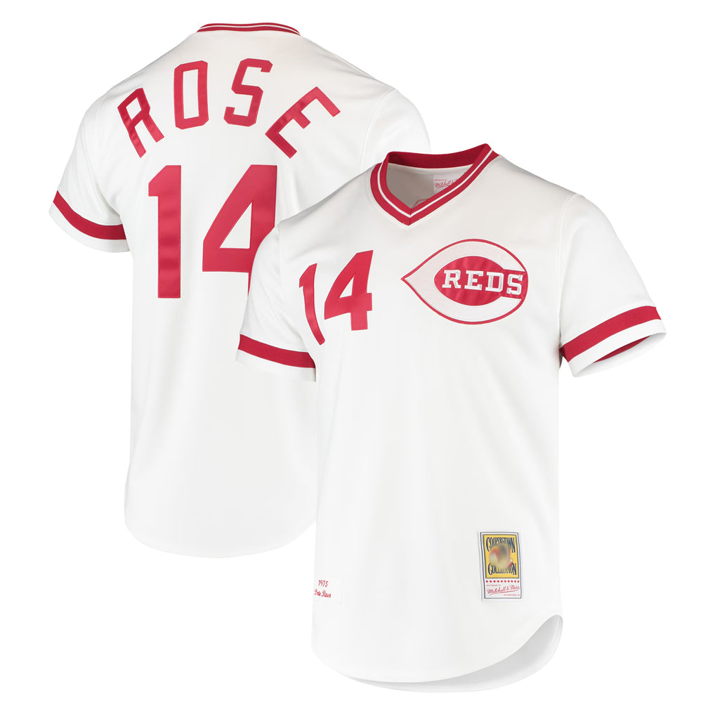 Cincinnati Reds #14 Pete Rose Player White HeidiMiller Mitchell & Ness Throwback Cooperstown Mesh T-shirt Game Stitched Jerseys
