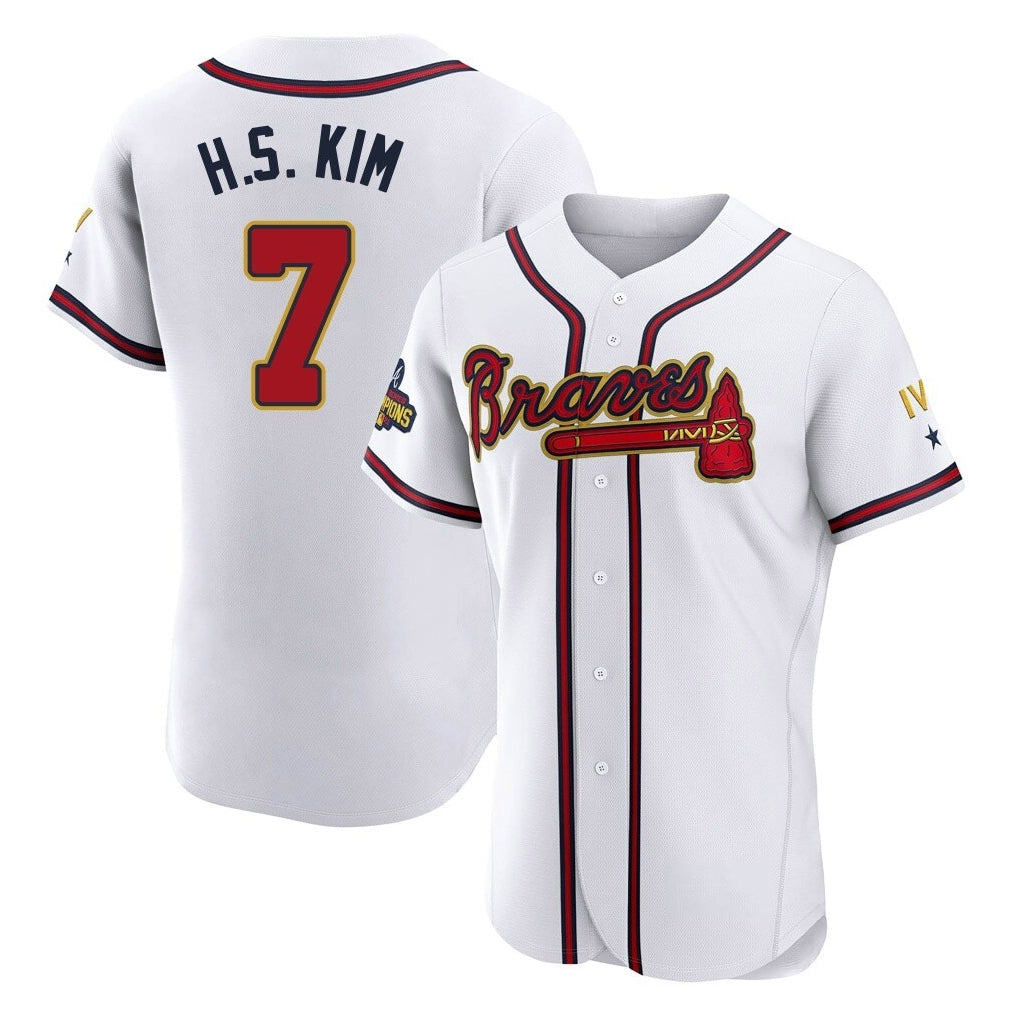 Atlanta Braves #7 Ha-Seong Kim Player White Gold HeidiMiller Limited Elite Home Game Stitched Jerseys