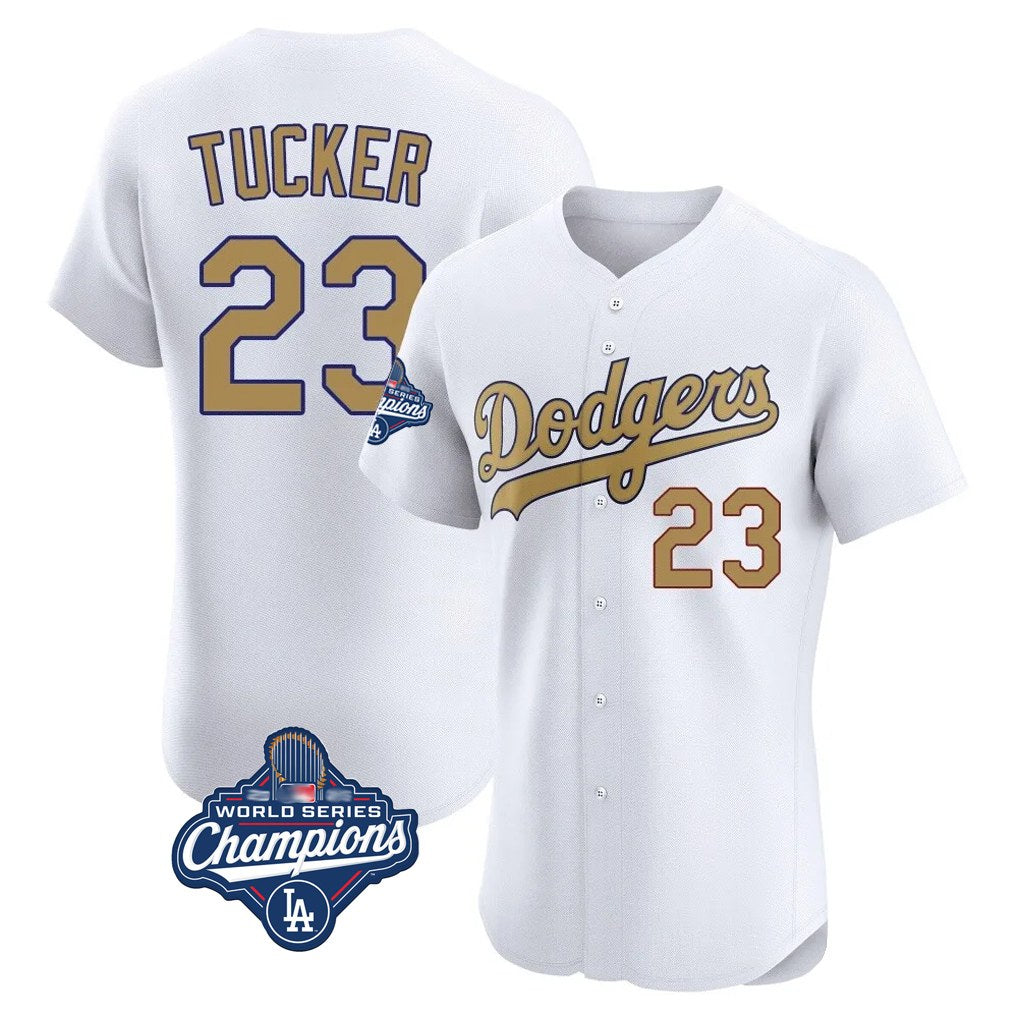 Los Angeles Dodgers #23 Kyle Tucker Player White Gold HeidiMiller World Series Meet Limited Elite Home Stitched Jerseys