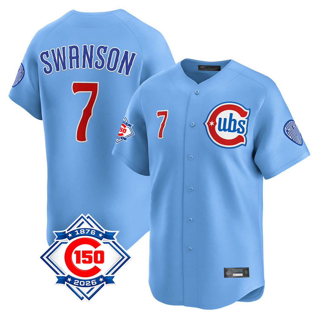 Chicago Cubs #7 Dansby Swanson Player Light Blue HeidiMiller 150th Anniversary Limited Home Stitched Jerseys