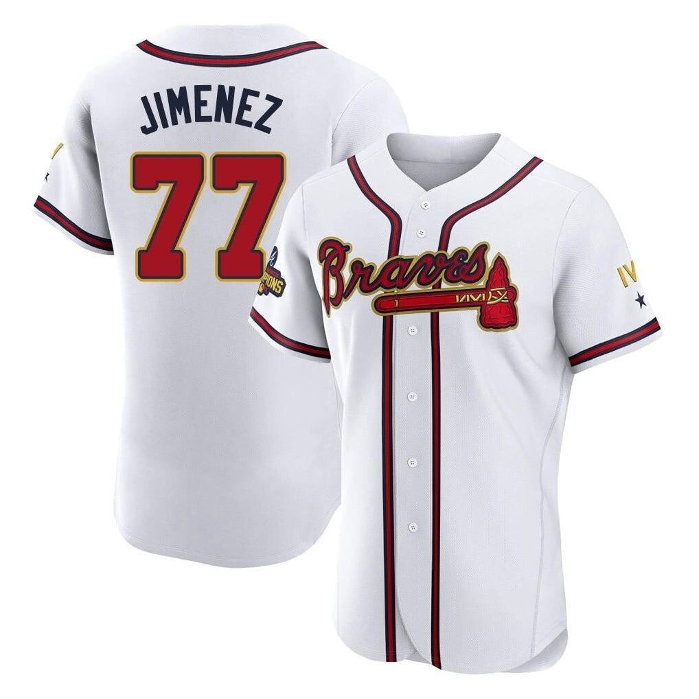 Atlanta Braves #77 Joe Jimenez Player White Gold HeidiMiller Limited Elite Home Game Stitched Jerseys
