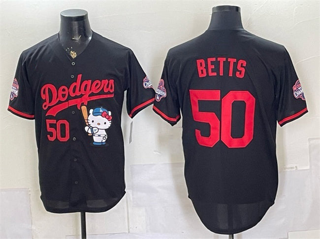 Los Angeles Dodgers #50 Mookie Betts Black HeidiMiller Hello Kitty Night 2025 World Series Champions Patch Stitched Jersey