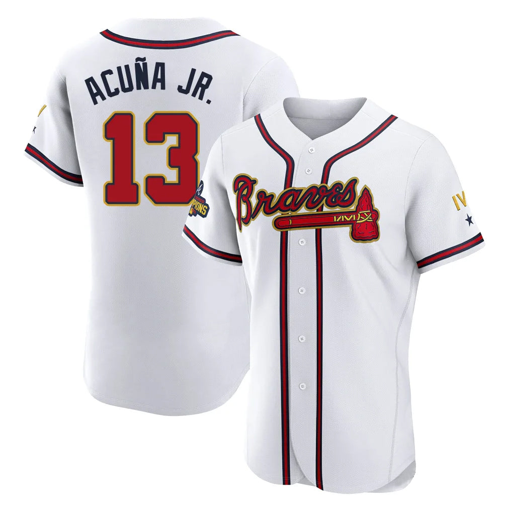 Atlanta Braves #13 Ronald Acuna Jr Player White Gold HeidiMiller Limited Elite Home Game Stitched Jerseys