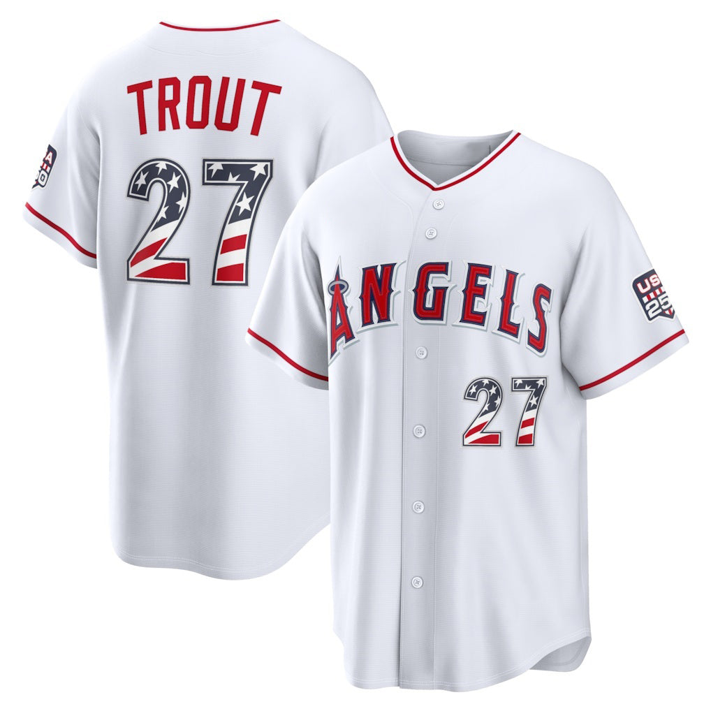 Los Angeles Angels #27 Mike Trout White HeidiMiller USA 250 Fourth of July Home Stadium Jersey