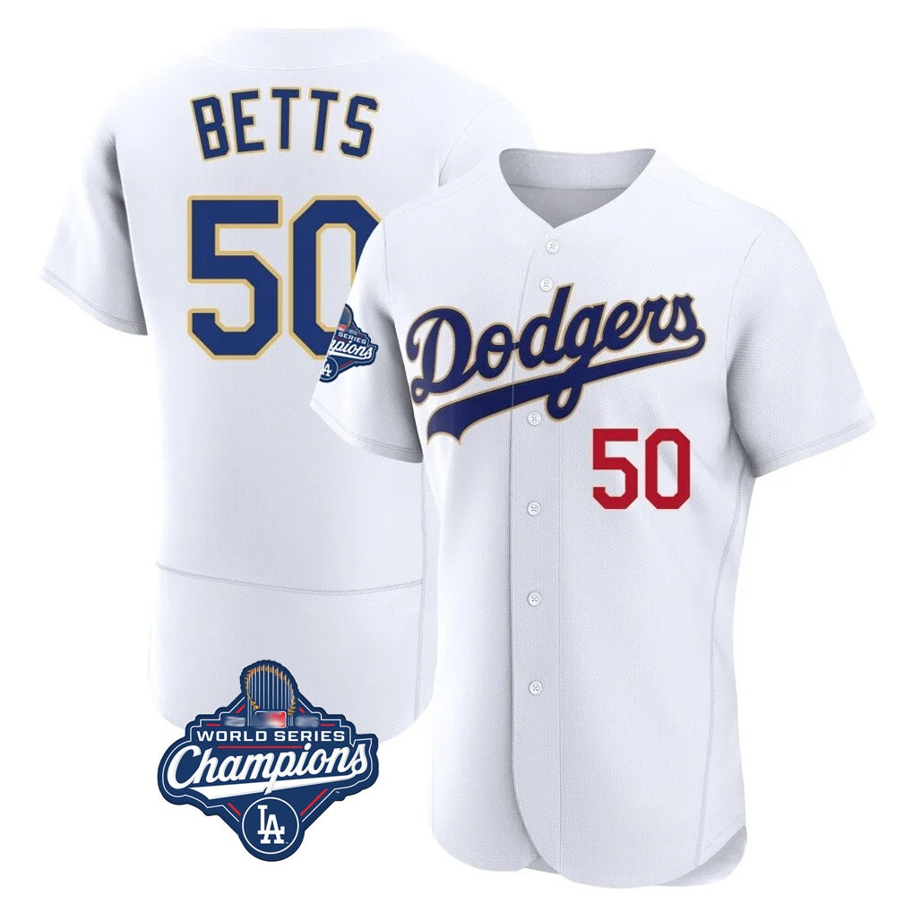 Los Angeles Dodgers #50 Mookie Betts Player Gold White HeidiMiller World Series Meet 2026 Collection Stadium Limited Elite Stitched Jerseys