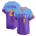 Colorado Rockies #2 Tyler Freeman Player Purple-Light Blue HeidiMiller City Connect Limited Home T-shirt Stitched Jerseys