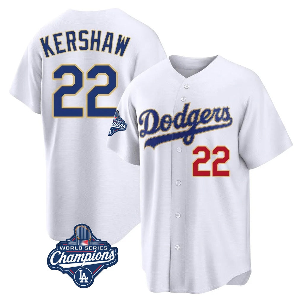 Los Angeles Dodgers #22 Clayton Kershaw Player Gold White HeidiMiller World Series Meet 2026 Collection Stadium Limited Stitched Jerseys