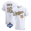 Los Angeles Dodgers #16 Will Smith Player White Gold HeidiMiller World Series Meet Limited Elite Home Stitched Jerseys