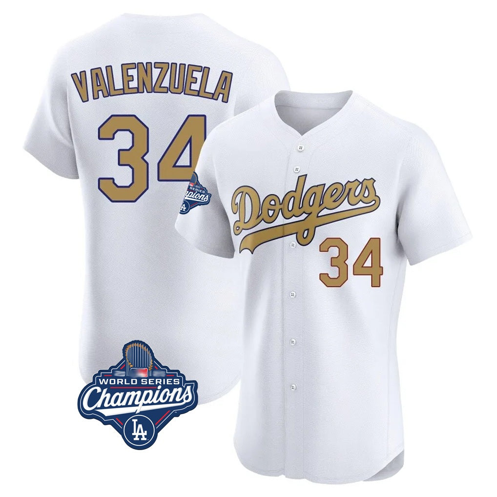 Los Angeles Dodgers #34 Fernando Valenzuela Player White Gold HeidiMiller World Series Meet Limited Elite Home Stitched Jerseys