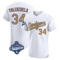 Los Angeles Dodgers #34 Fernando Valenzuela Player White Gold HeidiMiller World Series Meet Limited Elite Home Stitched Jerseys