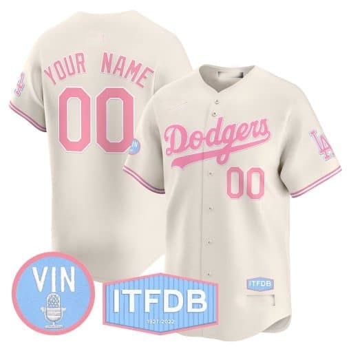 Custom Los Angeles Dodgers Vin ITFDB Patch Bubblegum Pink Vapor Premier Limited Jersey ¨C Cream HeidiMiller