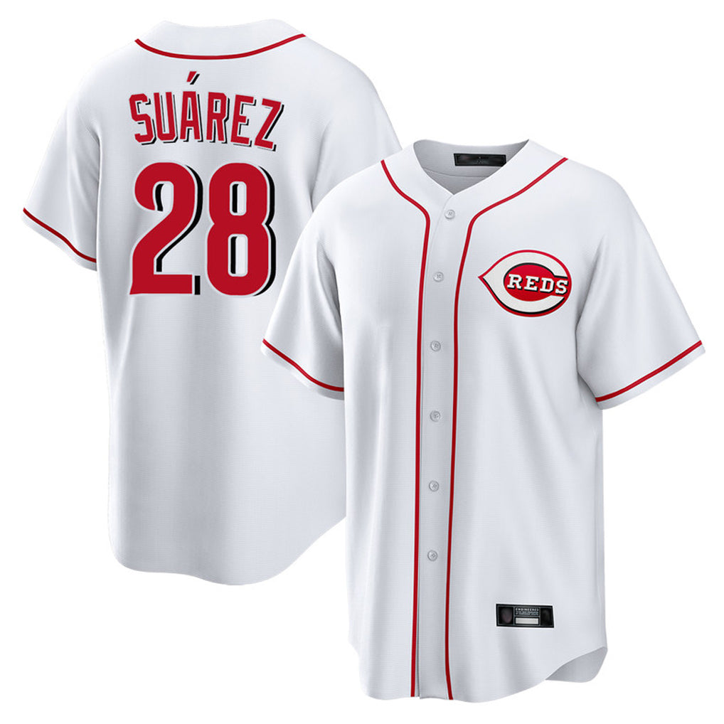 Cincinnati Reds #28 Eugenio Su¨¢rez Player White HeidiMiller Game Home Stitched Jerseys