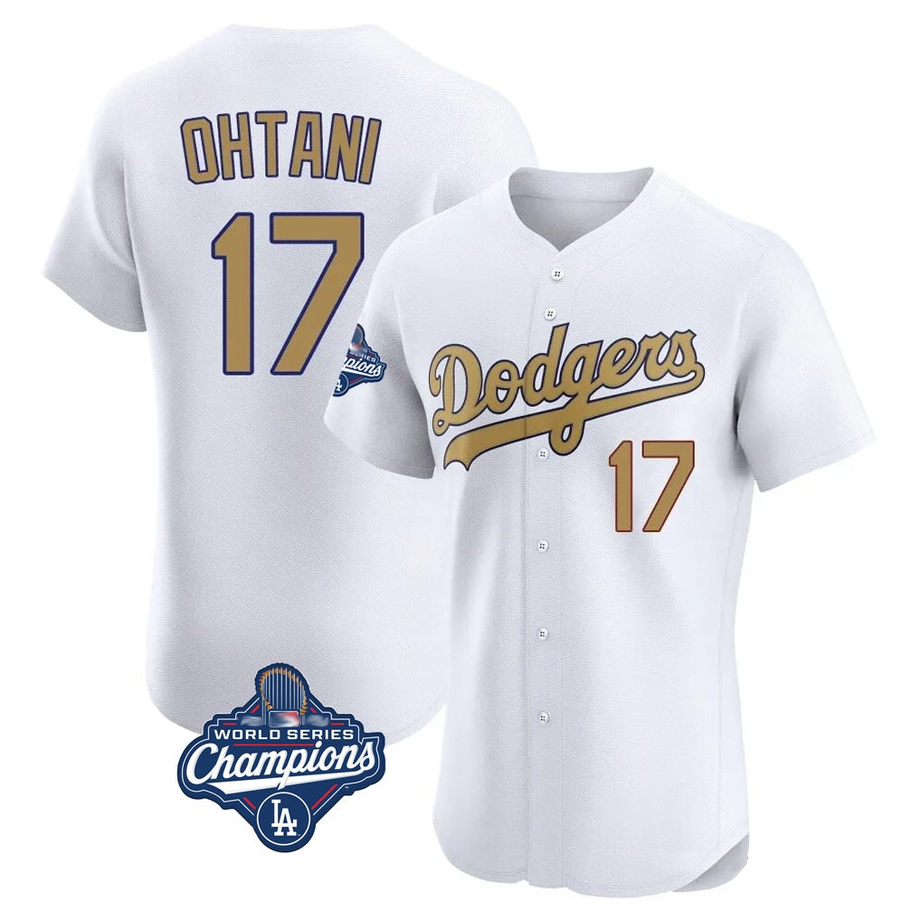 Los Angeles Dodgers #17 Shohei Ohtani Player White Gold HeidiMiller World Series Meet Limited Elite Home Stitched Jerseys