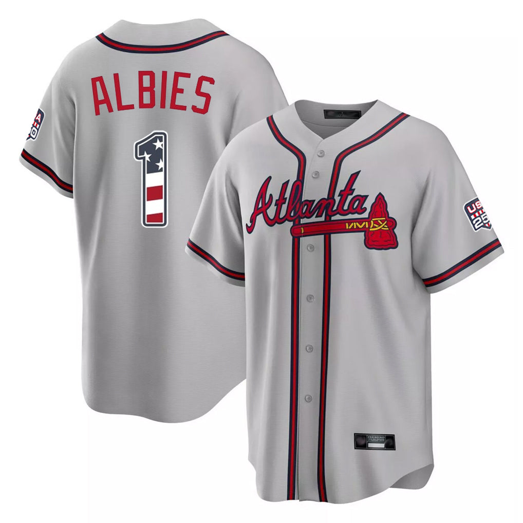 Atlanta Braves #1 Ozzie Albies Player Gray HeidiMiller USA 250 Fourth Of July Limited Home Game Stitched Jerseys