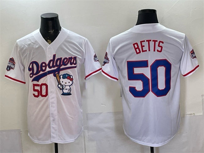 Los Angeles Dodgers #50 Mookie Betts White HeidiMiller Hello Kitty Night 2025 World Series Champions Patch Stitched Jersey