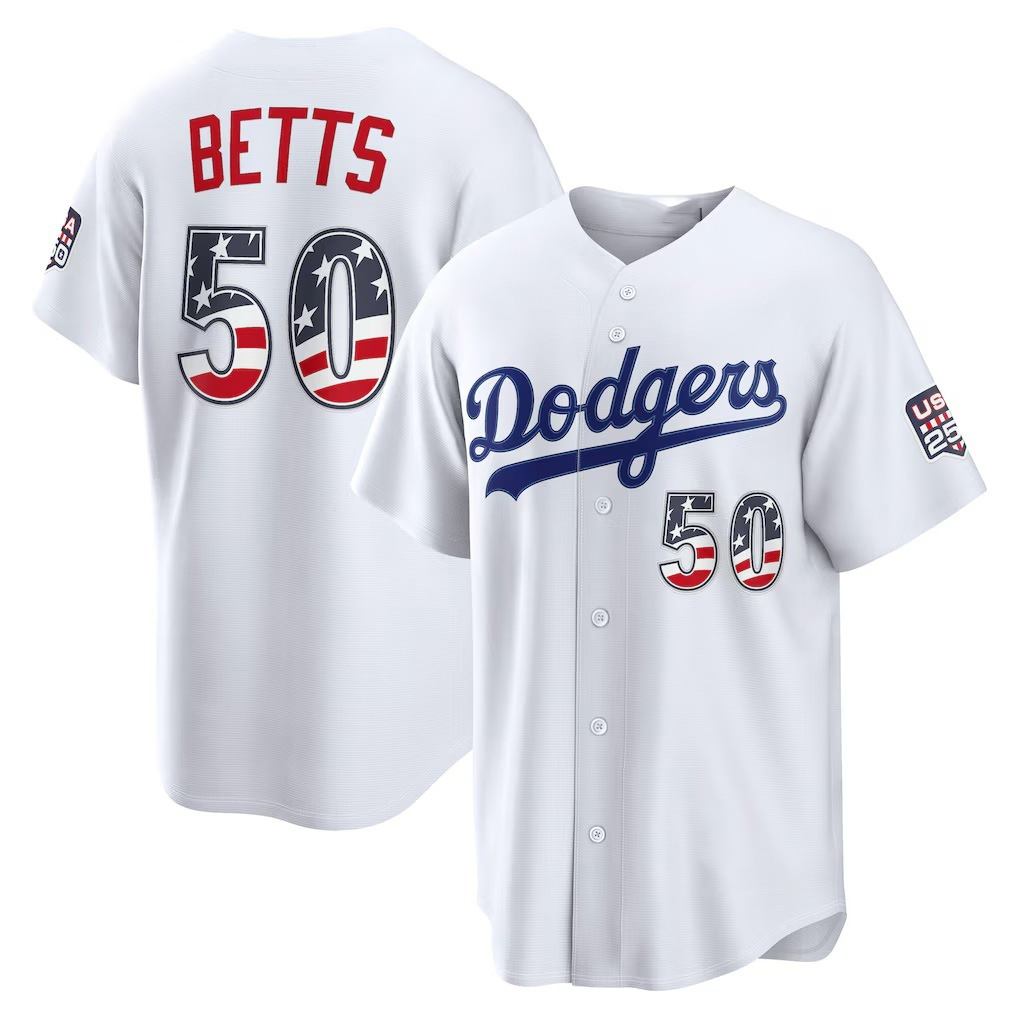 Los Angeles Dodgers #50 Mookie Betts Fourth of July White HeidiMiller USA 250 Stadium Jersey