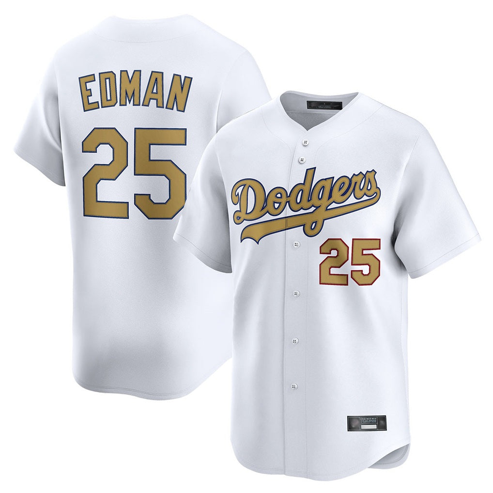 Los Angeles Dodgers #25 Tommy Edman Player White Gold HeidiMiller Collection Limited Home Stitched Jerseys