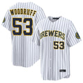 Milwaukee Brewers #53 Brandon Woodruff Player White HeidiMiller Stripes Home Limited Game Stitched Jerseys