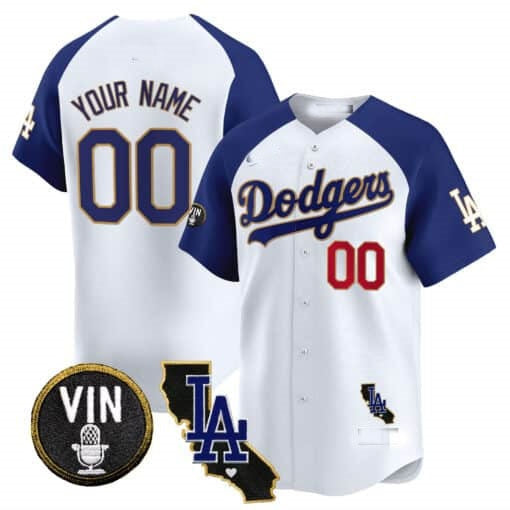 Custom Los Angeles Dodgers Vin & California Patch Gold Trim Vapor Premier Limited Jersey ¨C White 2 HeidiMiller