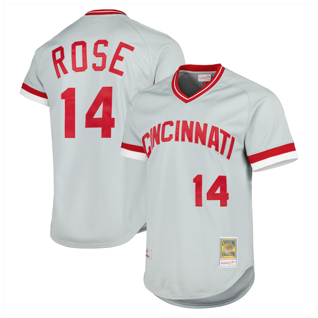 Cincinnati Reds #14 Pete Rose Player Gray HeidiMiller Mitchell & Ness Throwback Cooperstown Mesh T-shirt Game Stitched Jerseys