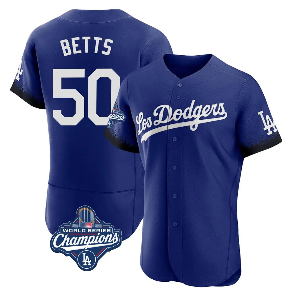 Los Angeles Dodgers #50 Mookie Betts Player Royal HeidiMiller World Series Meet City Connect Elite Home Stitched Jerseys