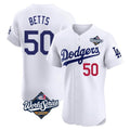 Los Angeles Dodgers #50 Mookie Betts Player White HeidiMiller World Series Limited Elite Home Stitched Jerseys
