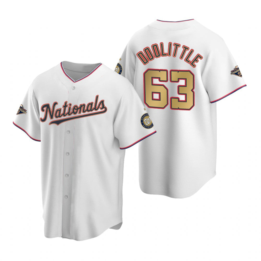 Washington Nationals #63 Sean Doolittle White Gold HeidiMiller 2019 World Series Champions Stitched Cool Base Jersey