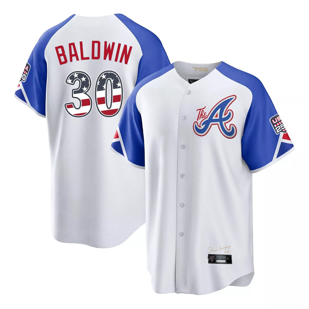Atlanta Braves #30 Drake Baldwin Player White HeidiMiller USA 250 Fourth Of July City Connect Home Game Stitched Jerseys