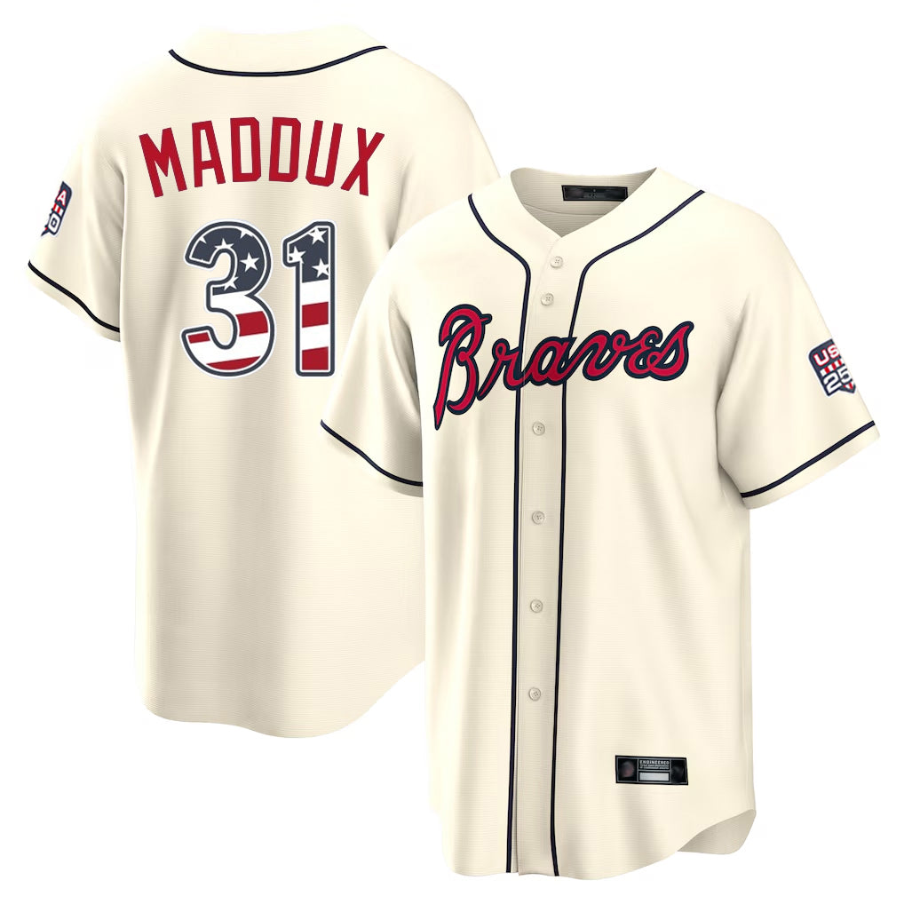 Atlanta Braves #31 Greg Maddux Player Cream HeidiMiller USA 250 Fourth Of July Limited Home Game Stitched Jerseys