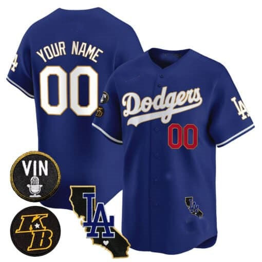 Custom Los Angeles Dodgers Vin Patch & Kobe Bryant Gold Trim Vapor Premier Limited Jersey V2 ¨C Royal HeidiMiller