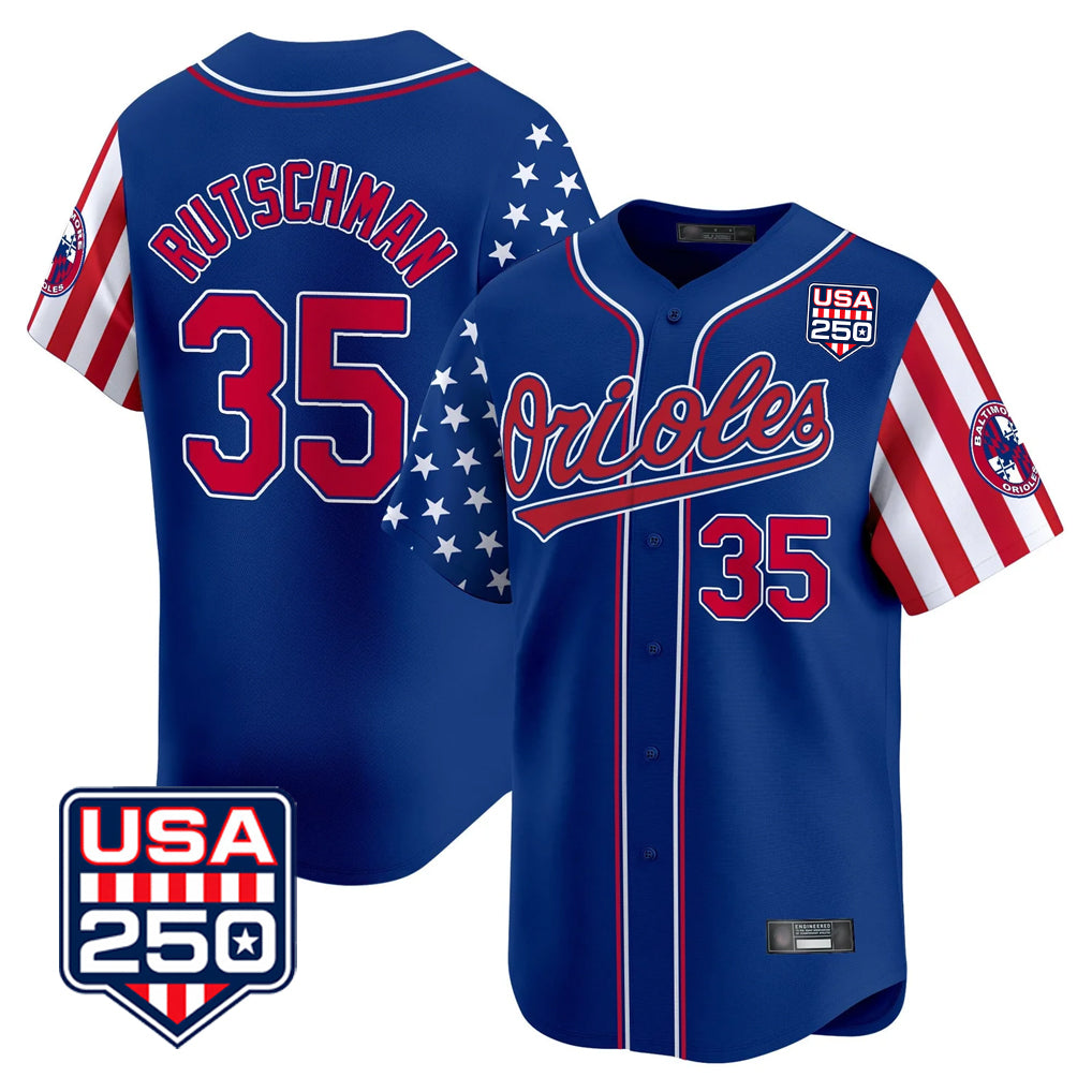 Baltimore Orioles #35 Adley Rutschman Player Royal HeidiMiller USA 250 Independence Day Vapor Premier Limited Home Game Stitched Jerseys