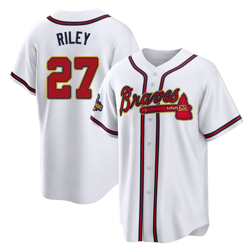 Atlanta Braves #27 Austin Riley Player White Gold HeidiMiller Home Game Stitched Jerseys