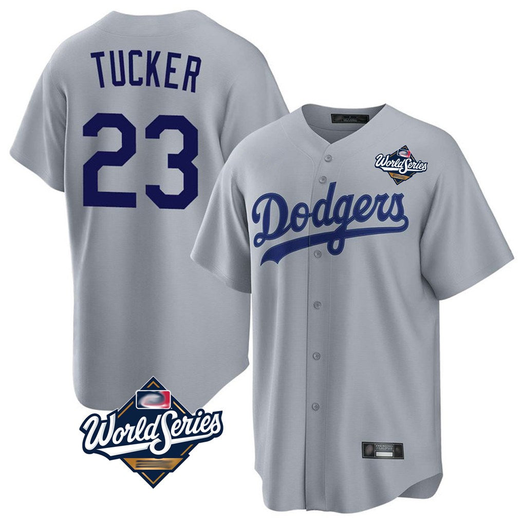 Los Angeles Dodgers #23 Kyle Tucker Player Gray HeidiMiller World Series Game Stitched Jerseys