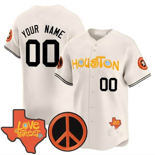 Custom Houston Astros  Love Street & Peace Sign Patch Vapor Premier Limited Jersey V2 ¨C Cream HeidiMiller
