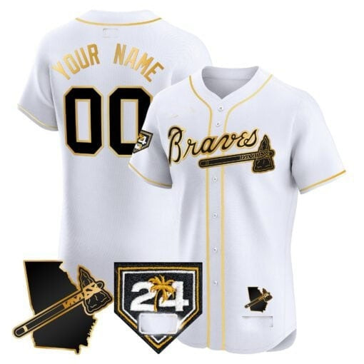 Custom Atlanta Braves 2024 Spring Training & Georgia Patch Vapor Premier Elite Jersey ¨CWhite Gold HeidiMiller