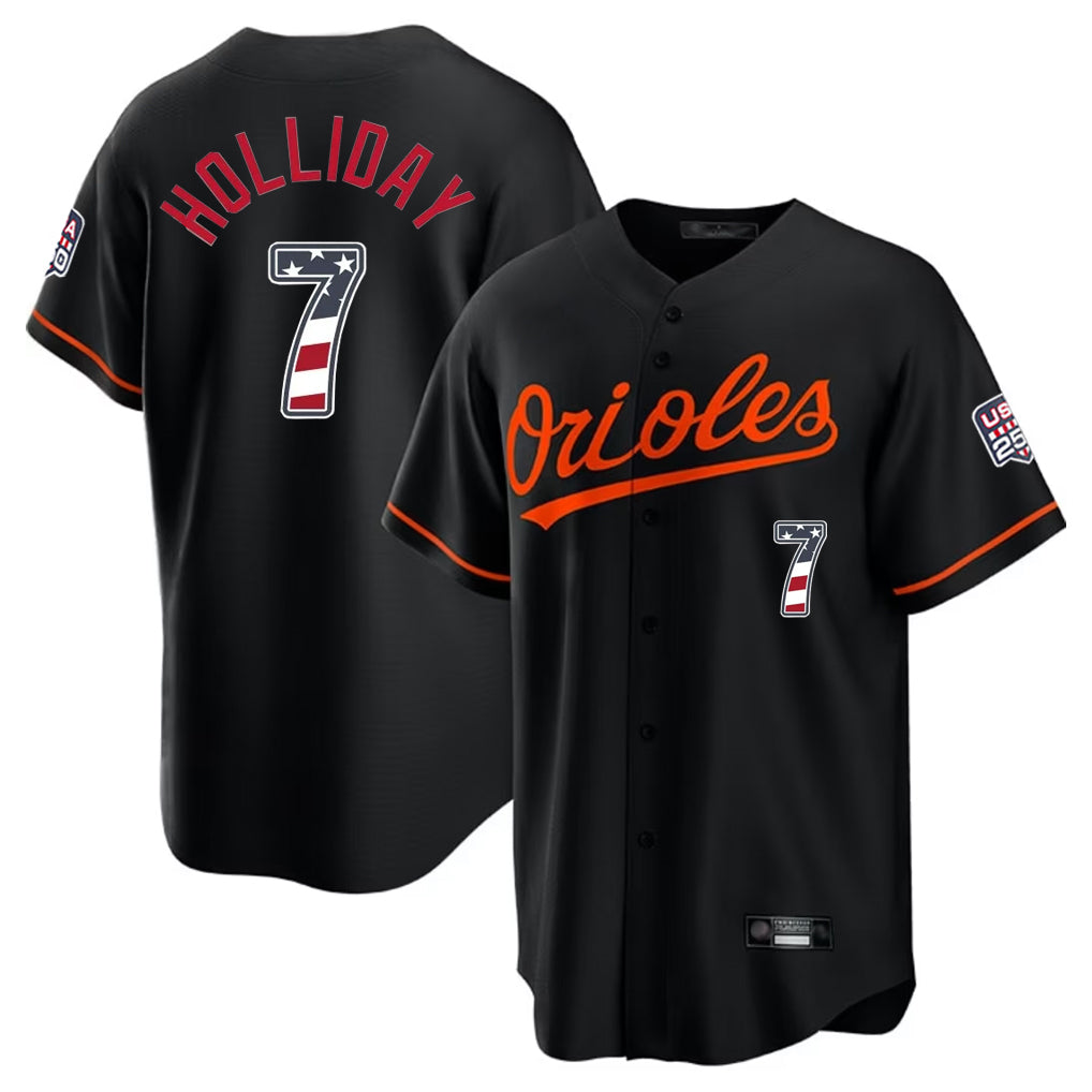 Baltimore Orioles #7 Jackson Holliday Player Black HeidiMiller USA 250 Fourth of July Home Game Stitched Jerseys